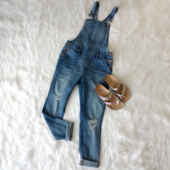 skinny distressed overalls